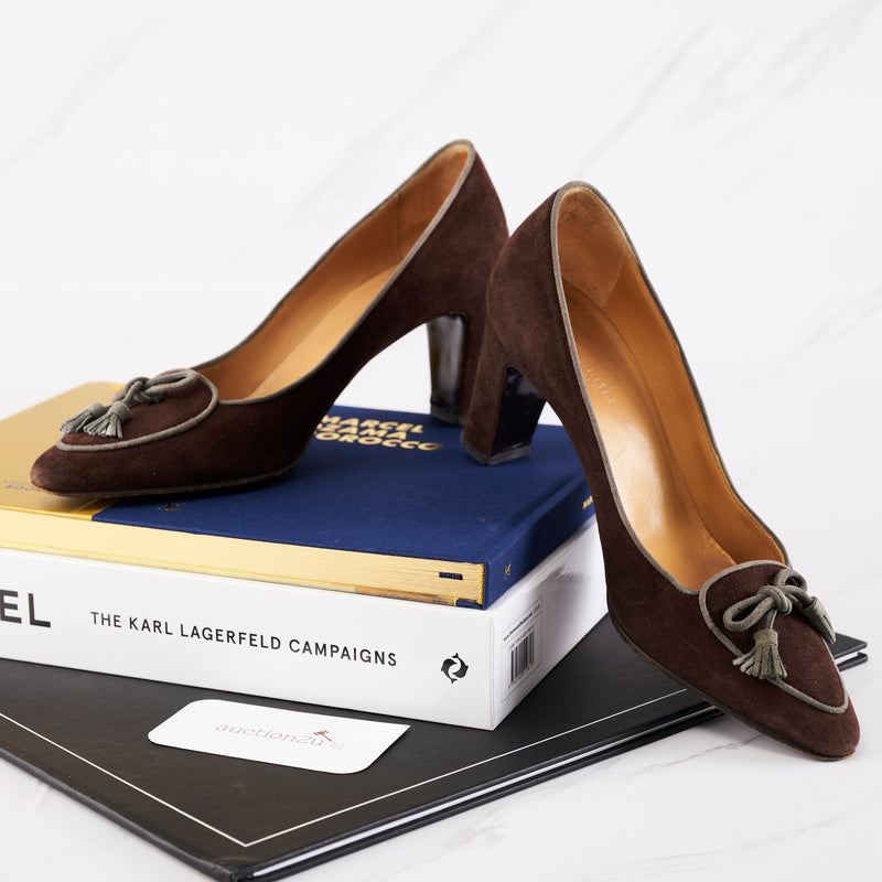 [Pre-owned] Hermes Ribbon Brown/Grey Suede Pumps | Size : 37