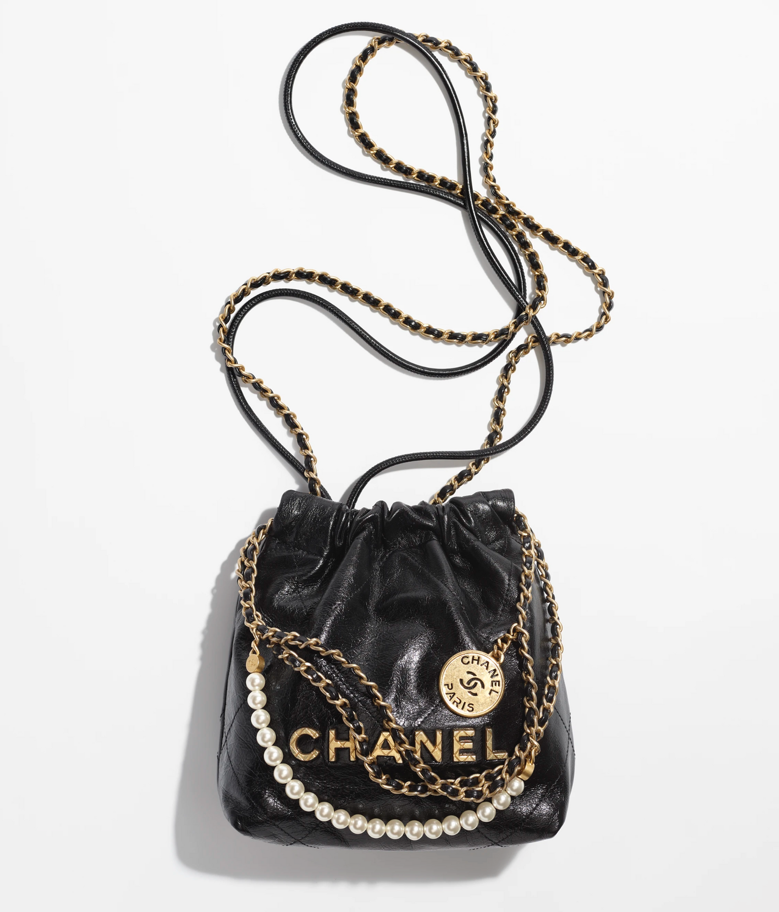 Chanel 22 Mini Bag with Pearl Chain Black Shiny Crumpled Calfskin – Coco  Approved Studio