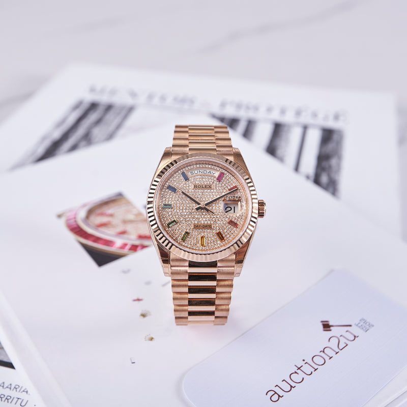 [NEW] Rolex Day-Date 36 128235-0039 | Everose Gold, Fluted, Paved-Rainbow, President