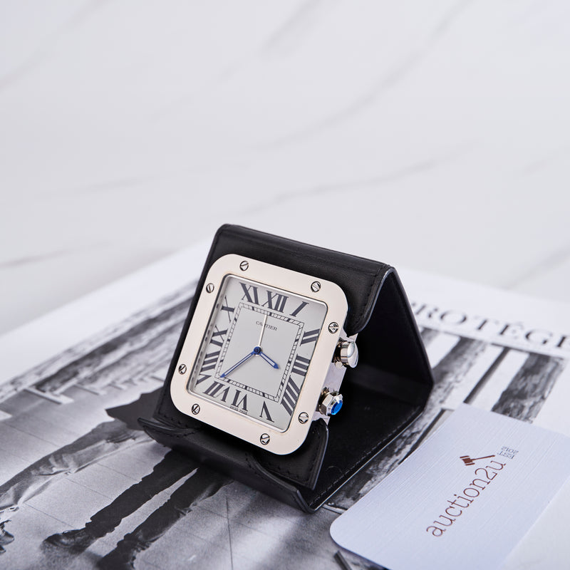 [Pre-owned] Cartier Santos De Cartier Travel Alarm Clock | Silver Black, Cartier Alarm Clock