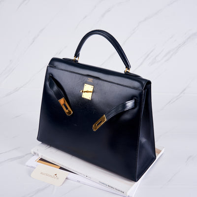 [Pre-owned] Hermes Kelly Sellier 32 | Navy Blue, Box Leather, Gold Hardware