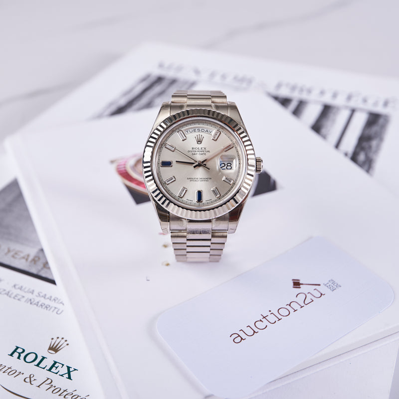 [BARU] Rolex Day-Tarikh 40 228349 | Emas Putih, Bergalur, Berlian Dengan Dail Nilam, Presiden 
