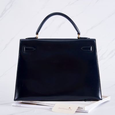 [Pre-owned] Hermes Kelly Sellier 32 | Navy Blue, Box Leather, Gold Hardware