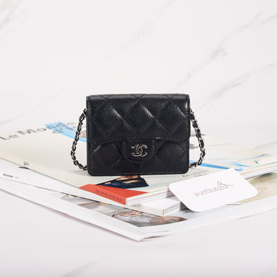 [BARU] Pemegang Kad Flap Klasik Chanel Dengan Rantai | Kaviar &amp; Logam Nada Perak 