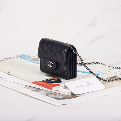 [BARU] Pemegang Kad Flap Klasik Chanel Dengan Rantai | Kaviar &amp; Logam Nada Perak 