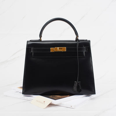 [Pre-owned] Hermes Kelly Sellier 28 | Noir, Box Leather, Gold Hardware