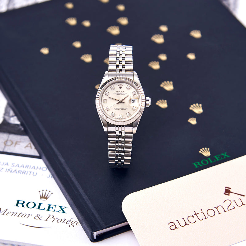 [Pre-milik] Rolex Lady-Datejust 179174-0031 26mm | Oystersteel &amp; Emas Putih, Dail Set Berlian Perak, Gelang Jubli 