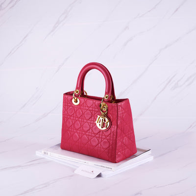 [Pra-milik] Beg Christian Dior Medium Lady Dior |Perkakasan Merah Jambu, Emas 