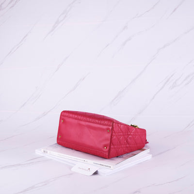 [Pra-milik] Beg Christian Dior Medium Lady Dior |Perkakasan Merah Jambu, Emas 