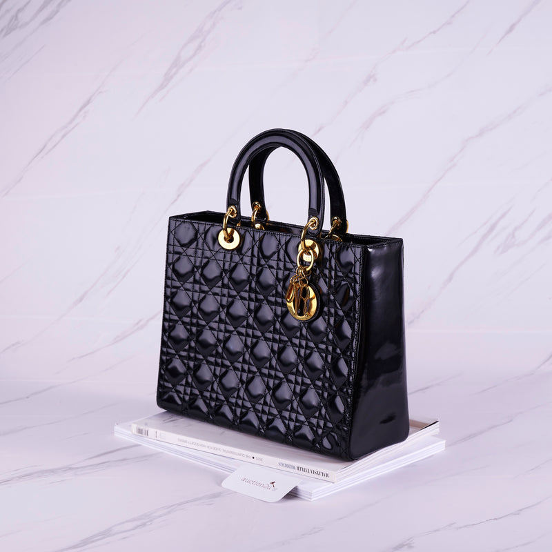 [Pre-owned] Christian Dior Large Lady Dior Bag |Black, Patent Leather, Gold Hardware