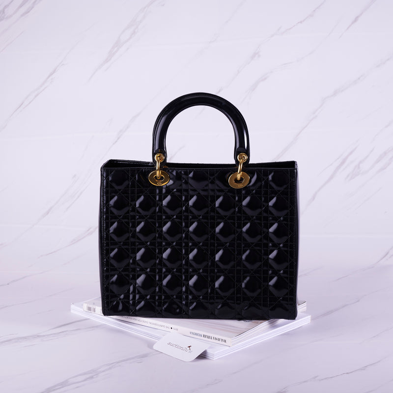 [Pre-owned] Christian Dior Large Lady Dior Bag |Black, Patent Leather, Gold Hardware
