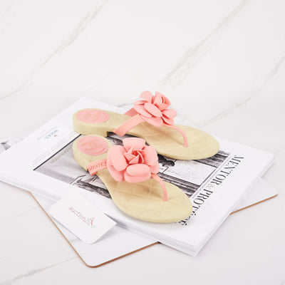 [OPEN BOX] Chanel Camellia Flip Flop Sandals Pink and Ivory