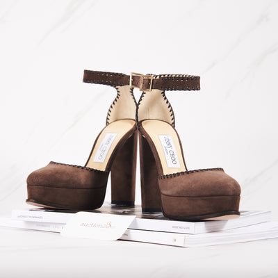 [Pre-owned] Jimmy Choo Daphne 120 Pecan and Black Leather Platforms | Size: 35