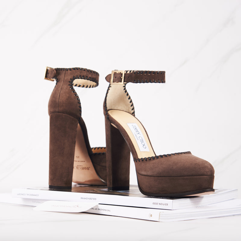 [Pre-owned] Jimmy Choo Daphne 120 Pecan and Black Leather Platforms | Size: 35