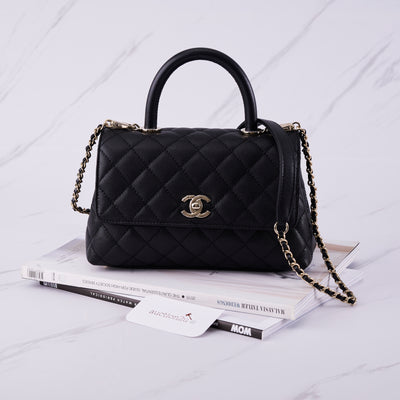 [Open Box] Chanel Flap Bag With Top Handle (Small Coco Handle) | Grained Calfskin Black & Gold-Tone Metal
