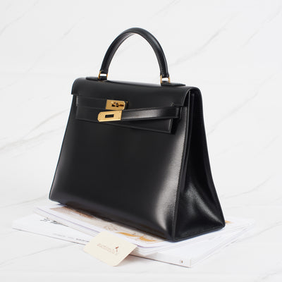 [Pre-owned] Hermes Kelly Sellier 32 | Noir, Box Leather, Gold Hardware