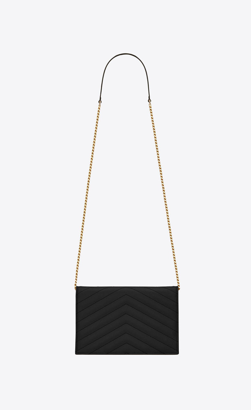 [NEW] Yves Saint Laurent Envelope Chain Wallet | Noir, Grain De Poudre Embosses Leather